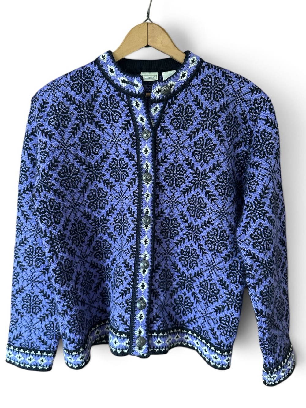 Vintage Merino Wool L.L. Bean Women's Purple and Black Fair Isle Knit Cardigan